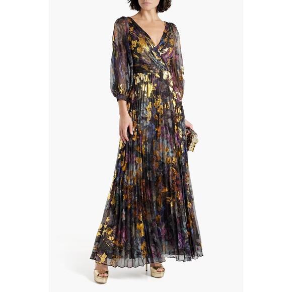 Marchesa Notte Foiled Floral Chiffon Gown Black Gold Metallic Long Sleeve Size 2 - Picture 1 of 11